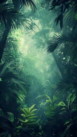 Verdant Forest Canopy: Upward Perspective Through Luminous Tropical Foliage