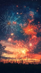 Fireworks exploding over sunset field and night sky.