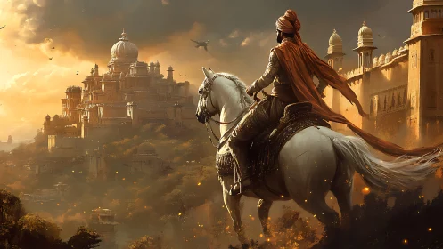 Sunlit rider approaching a golden hilltop palace at dusk.