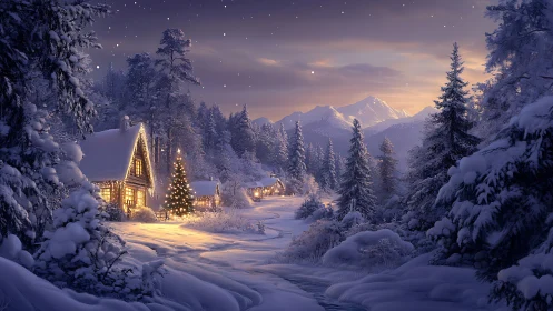 Winter lights whisper over snowy cabins and starlit pines.