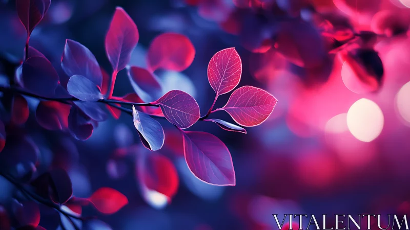 Branch displays pink and blue leaves under defocused lights