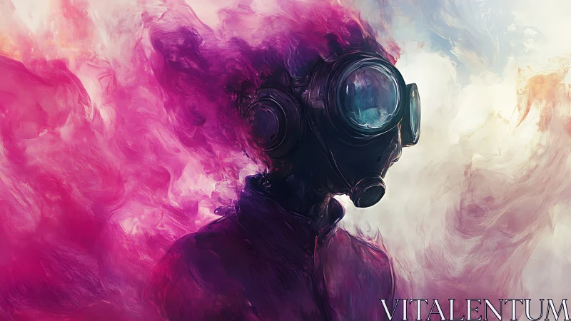 Silhouetted figure in gas mask within swirling magenta vapor.