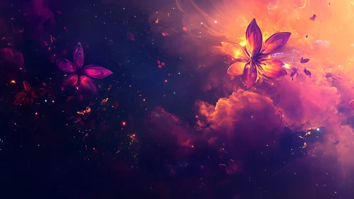 Vivid purple butterflies glowing in a cosmic nebula sky.