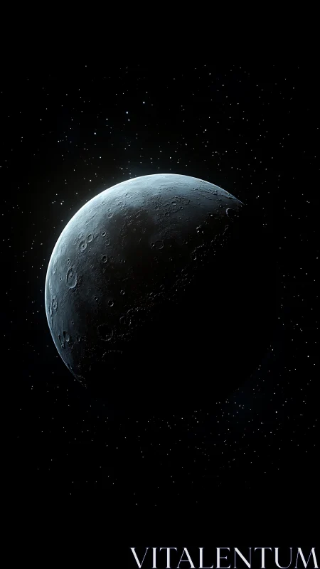 Lunar terminator in deep-space shadow with cratered relief rendered.
