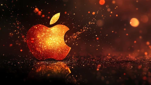 Glowing orange apple logo formed from radiant digital particles