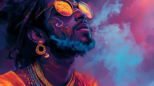 Neon portrait with smoke, reflective glasses, vivid hues.