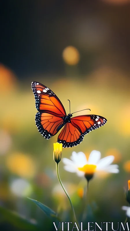 Orange butterfly on flower bud in soft out of focus meadow.