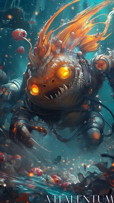 Cyborg anglerfish monster stalks glowing reef undercurrent