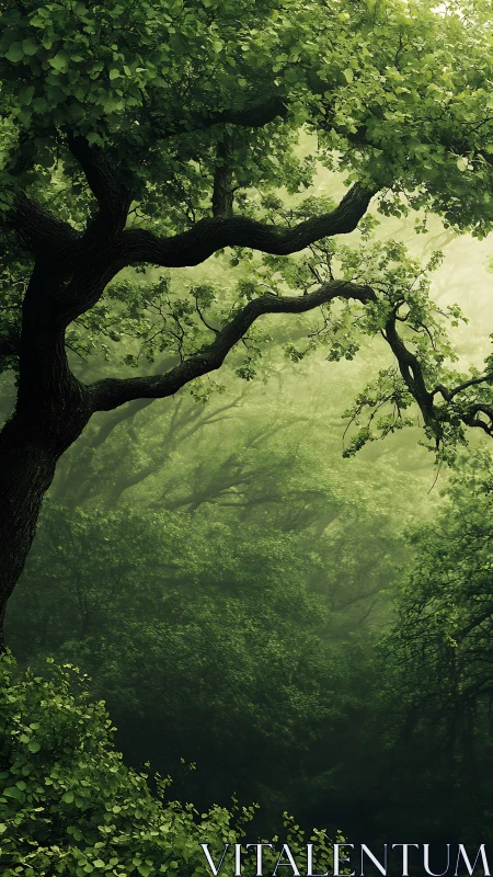 Ancient Giant Spreads Emerald Canopy Through Misty Forest Shadows