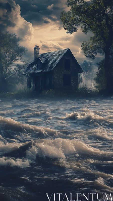 Isolated riverside cottage battered by turbulent floodwaters