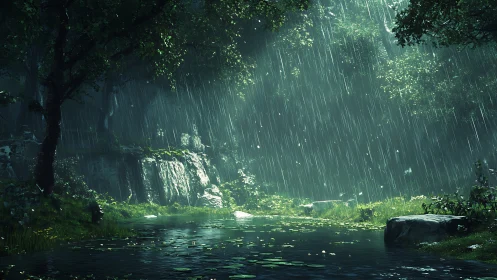 Rain stitches silver threads across a hidden forest pool