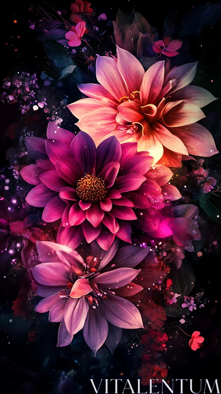 Digital Flowers with Vibrant Pink and Purple Colors Against Dark Background.