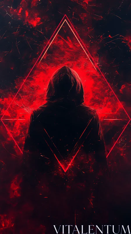 Hooded silhouette framed by red geometric triangle glow.