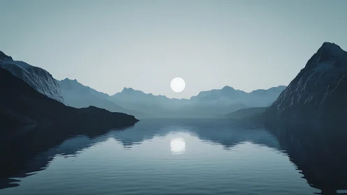 Sun over distant mountains reflects on still alpine lake