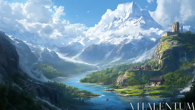 Mountain river valley with fortified hilltop structures.