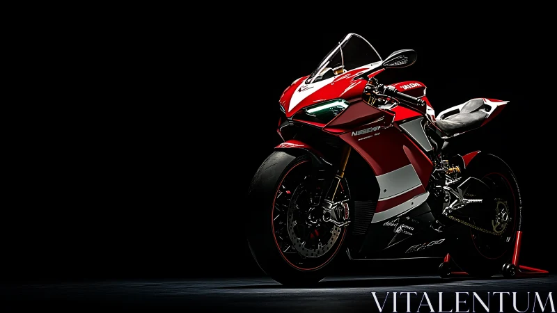 Red sport motorcycle in low key studio lighting profile.