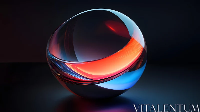 Luminous glass sphere with vivid red and blue light bands.