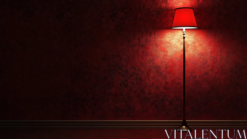 Red floor lamp illuminates textured wall in controlled scene