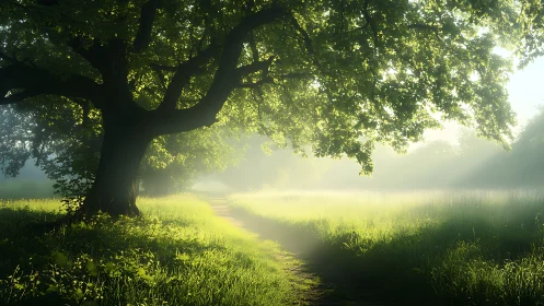 Serene forest path bathed in morning sunlight, natural landscape style.