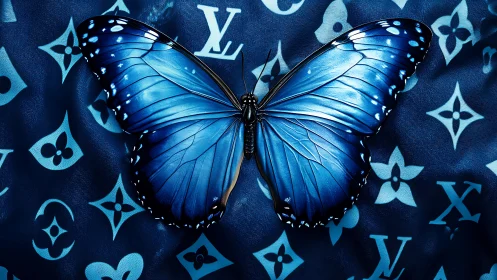 Blue butterfly resting on patterned midnight silk dreamscape.