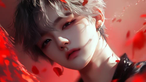 Androgynous face lit by soft red light and drifting petals