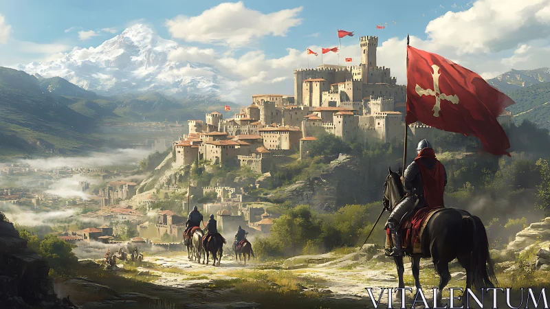 Crimson standard rides toward sunlit mountain citadel.