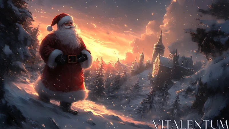 Santa in rim-lit snowfield observes castle at blazing winter sunset