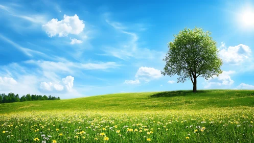 Lone spring tree under radiant sky on sunlit meadow field.