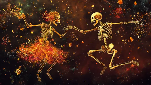 Dancing skeleton lovers twirling through autumn stardust.
