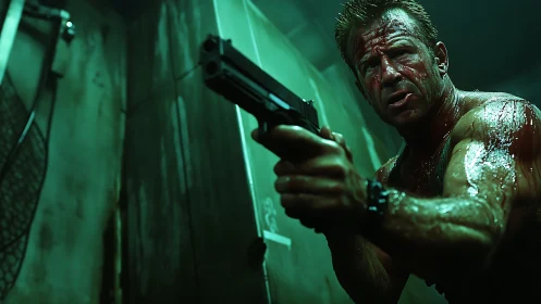 Bloodied action hero aiming handgun in green-lit corridor.