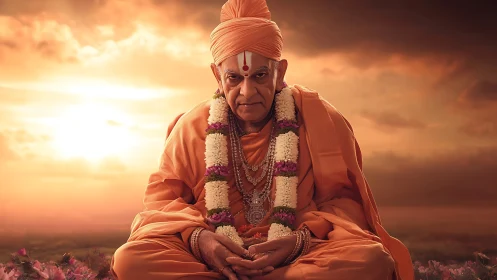 Serene orange robed spiritual elder at glowing sunset horizon.