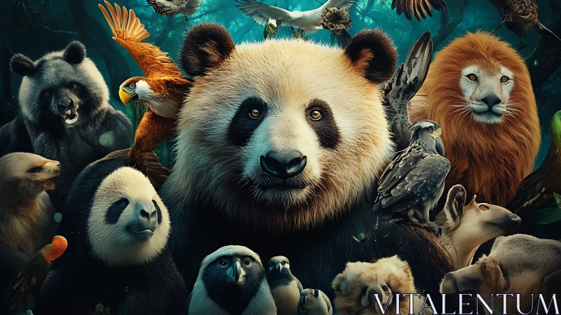 Panda surrounded by diverse wildlife in dense forest tableau