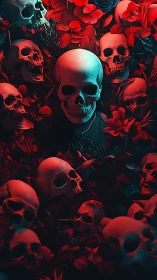 Human skulls surrounded by red flowers in eerie light.