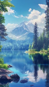 Sunlit alpine lake reflects towering snowy mountain peaks