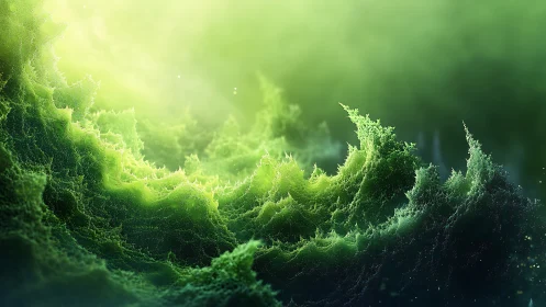Fractal green wave structures rise toward diffuse bright light