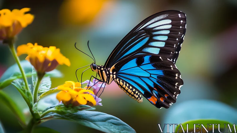 Blue swallowtail butterfly on yellow blooms in macro focus.