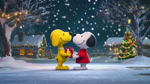 Cartoon dogs exchange a heartfelt gift on a snowy Christmas eve