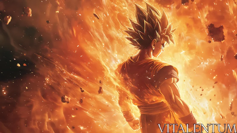 Character stands amid dense orange energy field and debris