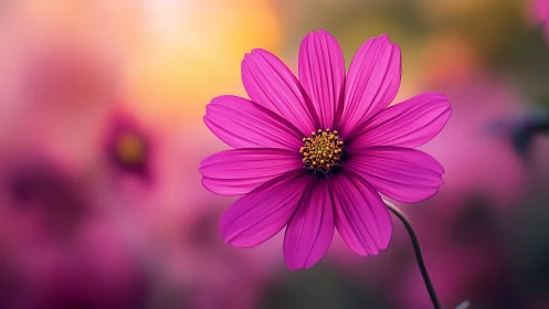 Vibrant Magenta Cosmos Flower with Visible Petal Striations and Golden Stamen