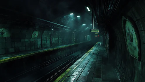 Midnight vapor drifts through a rain-slick cyber subway platform.