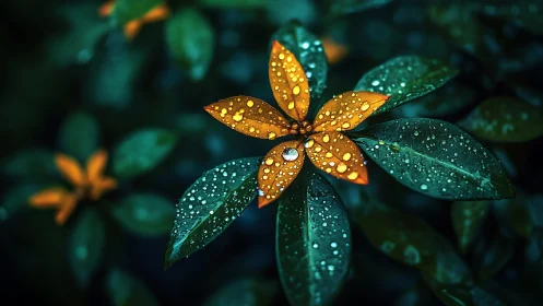 Rain-kissed ember petals glow against the midnight garden