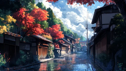 Autumn street scene with traditional houses after rainfall.