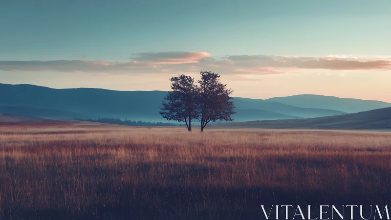 Quiet twin trees resting in a softly glowing open field.