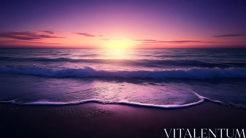 Chromatic shoreline gradient at dusk with reflective wavefronts.