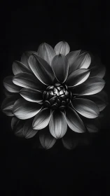 Monochrome Dahlia Bloom Against Darkness Reveals Intricate Petals