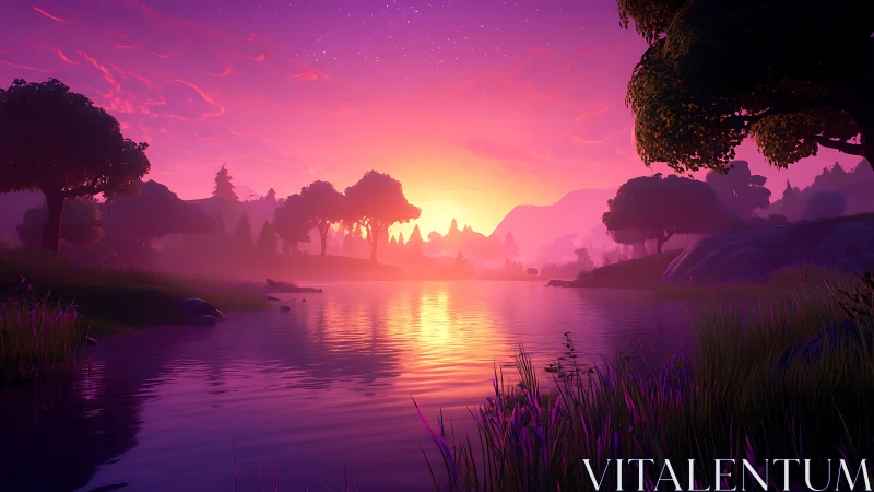 Vibrant violet sunset settles over a tranquil forest lake