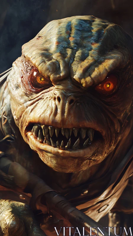 Ferocious reptilian creature with molten eyes in close-up.