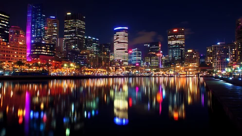 Neon-lit harbor skyline mirrored across calm night water.