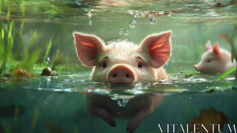 Piglet swims through clear pond with playful bubbles.