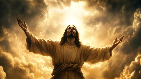 Radiant figure in flowing robe framed by glowing clouds.